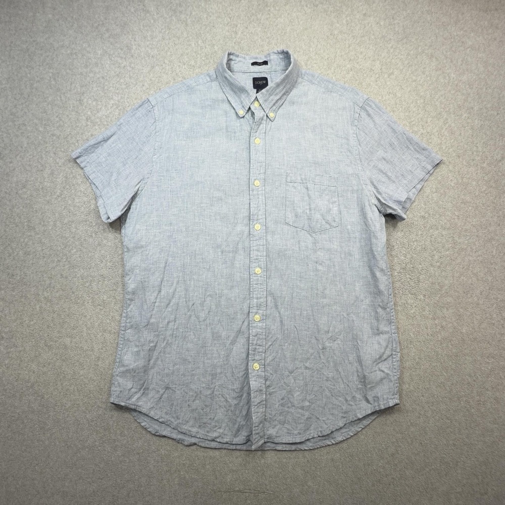 J Crew Shirt Mens Large Blue Short Sleeve Button Linen Cotton Slim Fit Casual